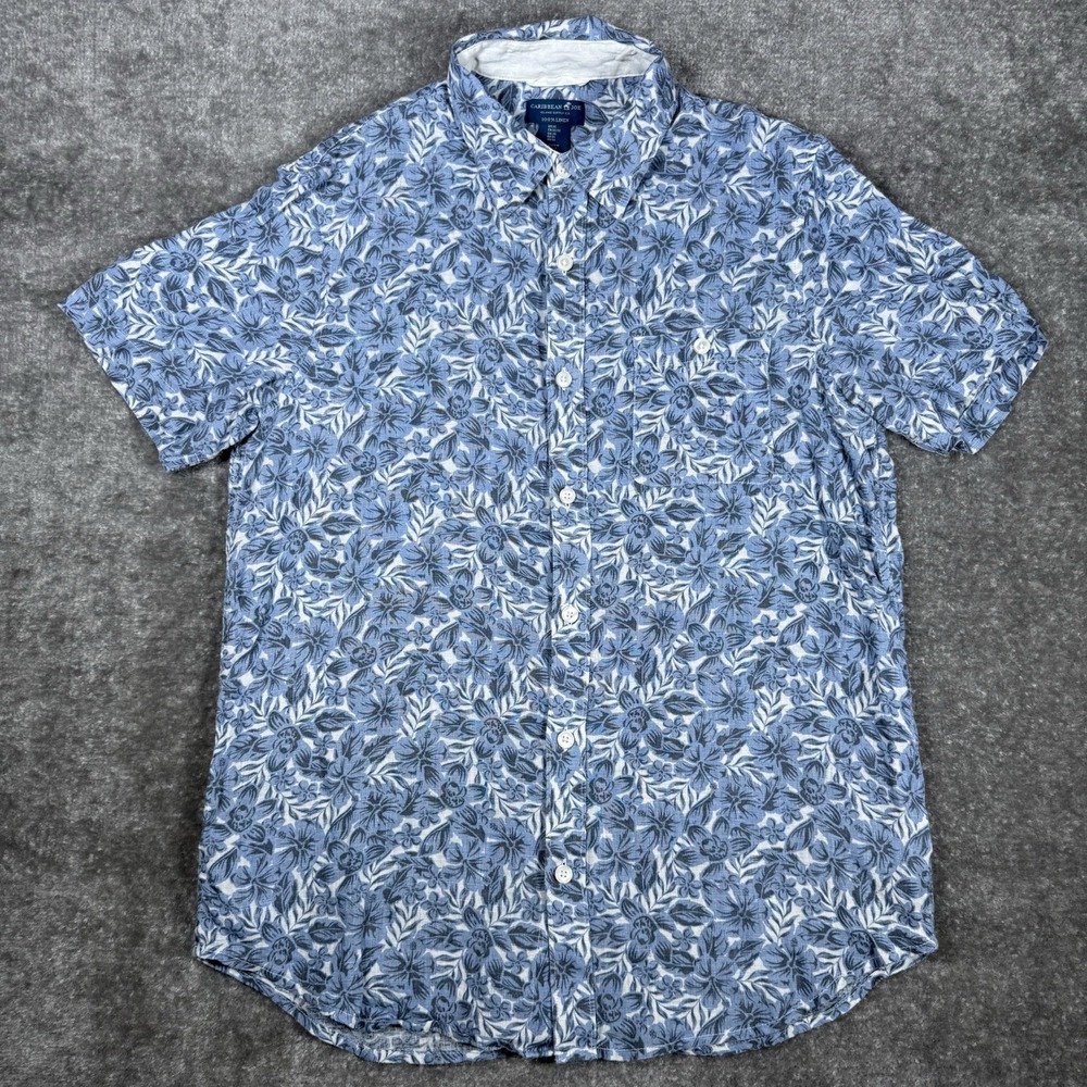 Caribbean Joe Shirt Men's Medium Blue Floral‎ Linen Short Sleeve Button Up